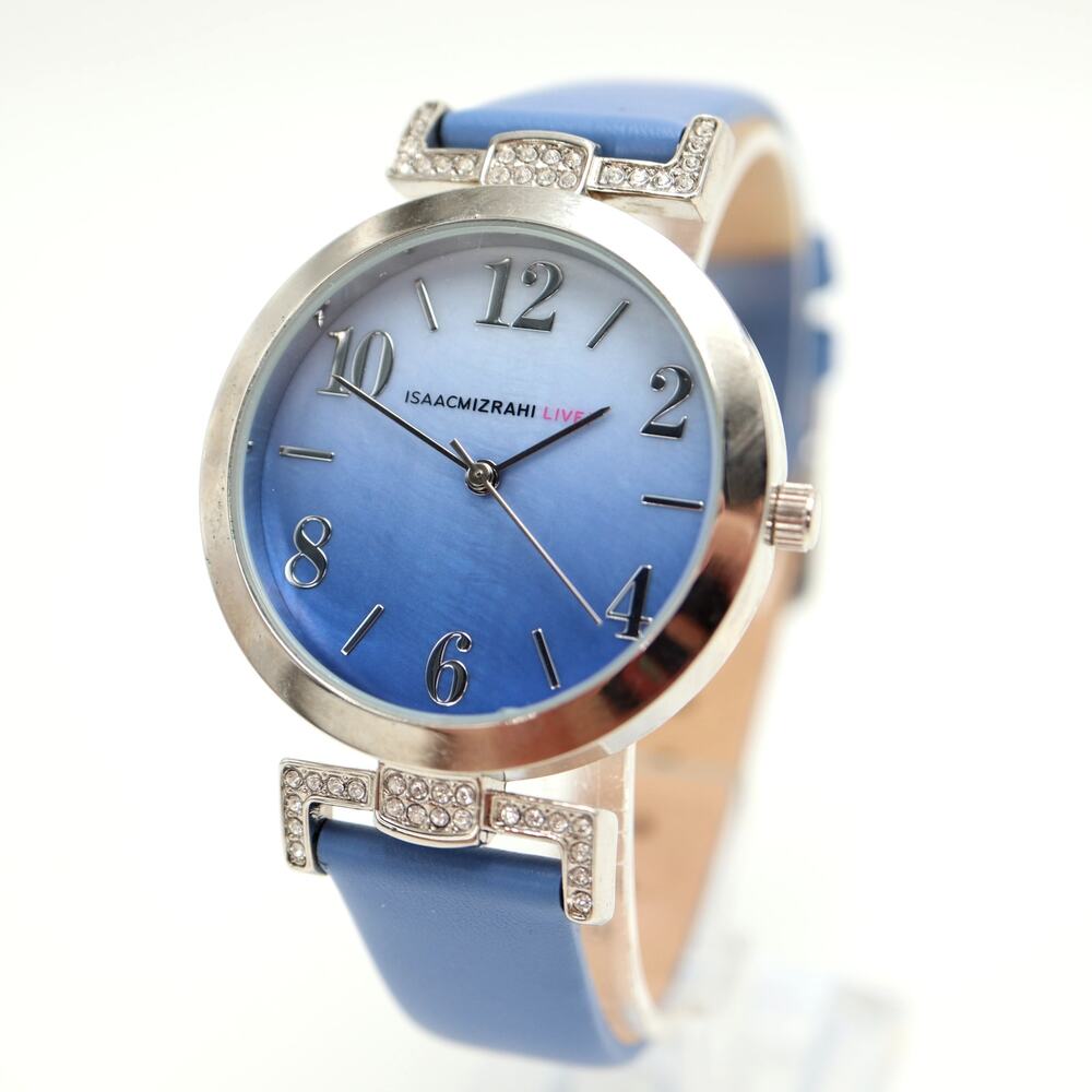Isaac Mizrahi Blue Silver Tone Womens MOP Watch Genuine Leather w New Battery